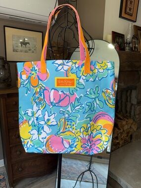 Lilly Pulitzer Blue Floral Tote with Pink and Orange Accents NWOT NEVER USED!